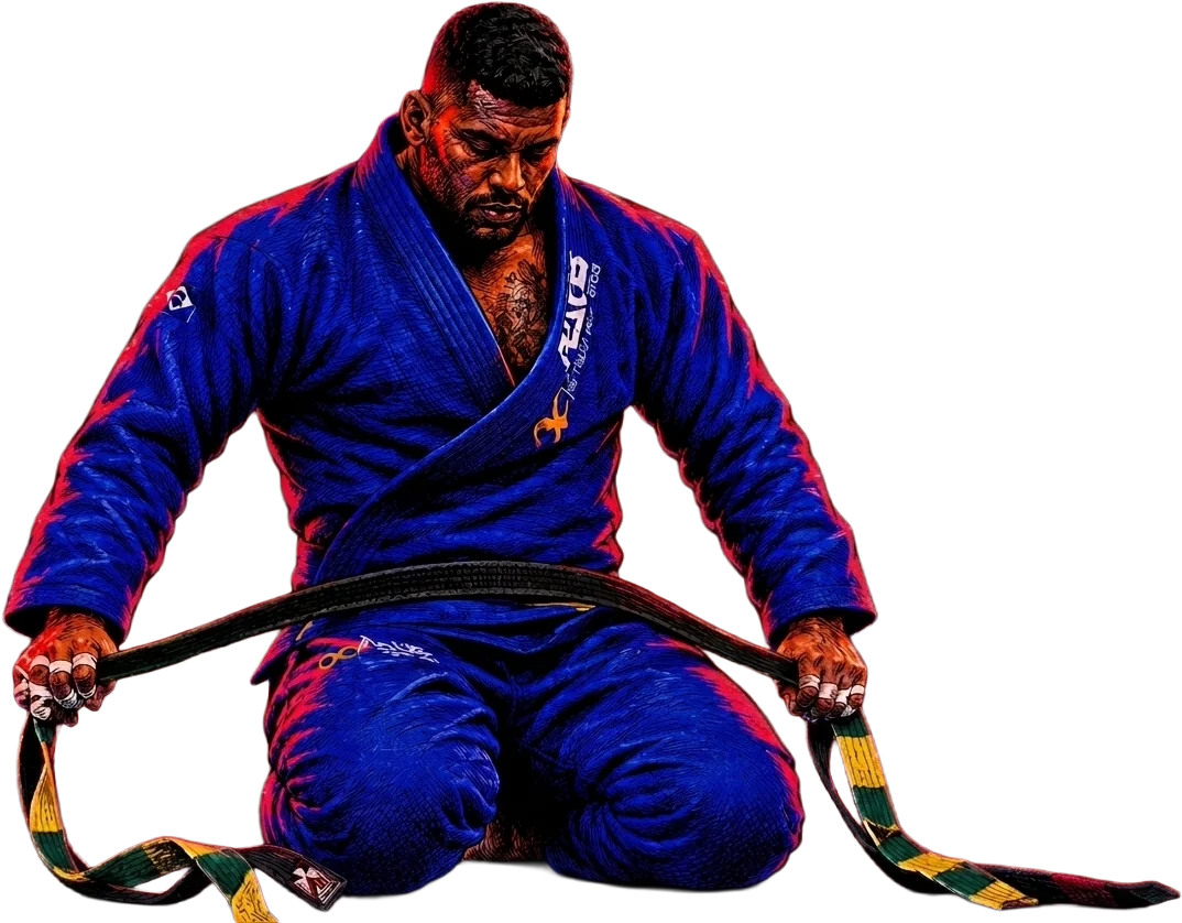 Ilustração de Ricardo Evangelista ajoelhado segurando a faixa