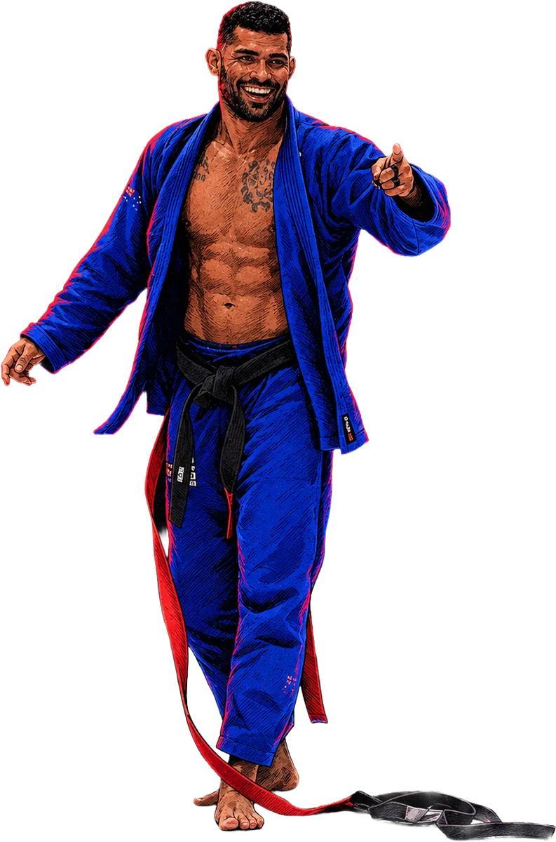 Ricardo Evangelista de kimono azul apontando e sorrindo